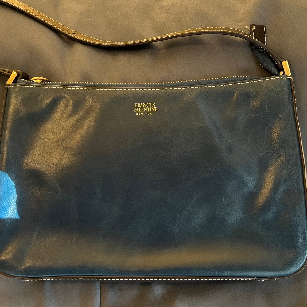 Frances Valentine Naplak Leather handbag.  Navy and Cream Color Block.